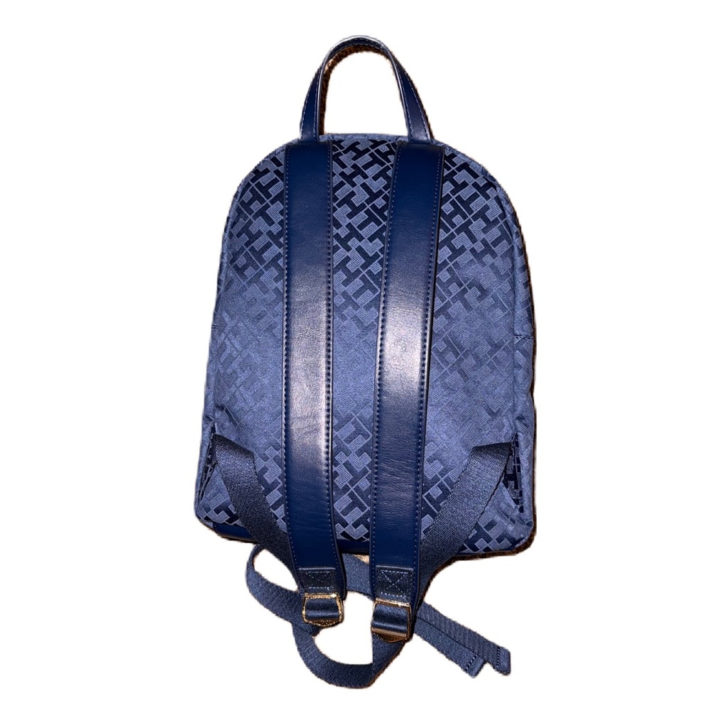 Tommy Hilfiger Backpack Monogram Logo Purse Zipper Pockets Navy Blue Gold Medium - Picture 4 of 10